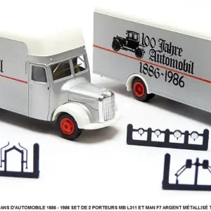 *SOLDES* - ALBEDO 100 ANS D‘AUTOMOBILE 1886 - 1986 SET DE 2 PORTEURS MERCEDES BENZ MB L311 ET MAN F7 ARGENT MÉTALLISÉ TOIT BLANC Jusqu'à Épuisement Des Stocks