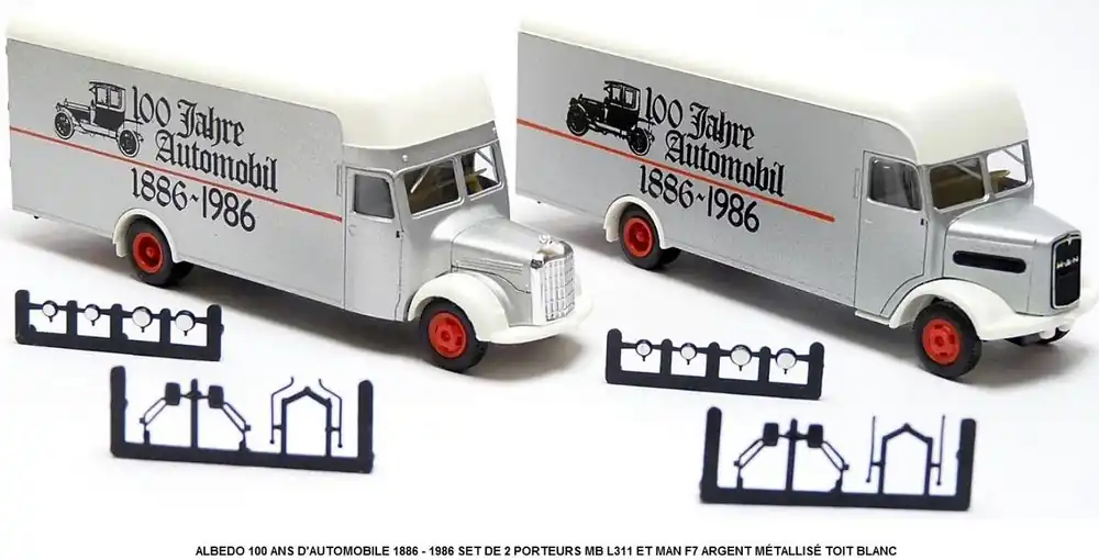 *SOLDES* - ALBEDO 100 ANS D‘AUTOMOBILE 1886 - 1986 SET DE 2 PORTEURS MERCEDES BENZ MB L311 ET MAN F7 ARGENT MÉTALLISÉ TOIT BLANC Jusqu'à Épuisement Des Stocks